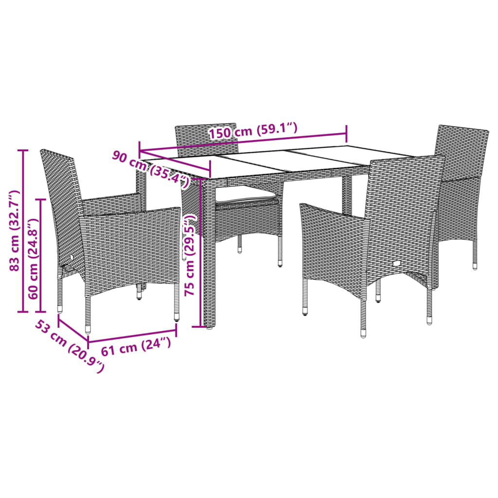 5-delige Tuinset met kussens poly rattan en glas grijs