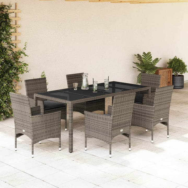 7-delige Tuinset met kussens poly rattan en glas grijs