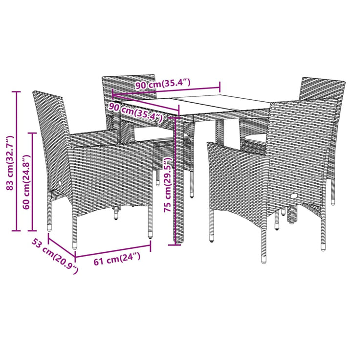 5-delige Tuinset met kussens poly rattan en glas beige