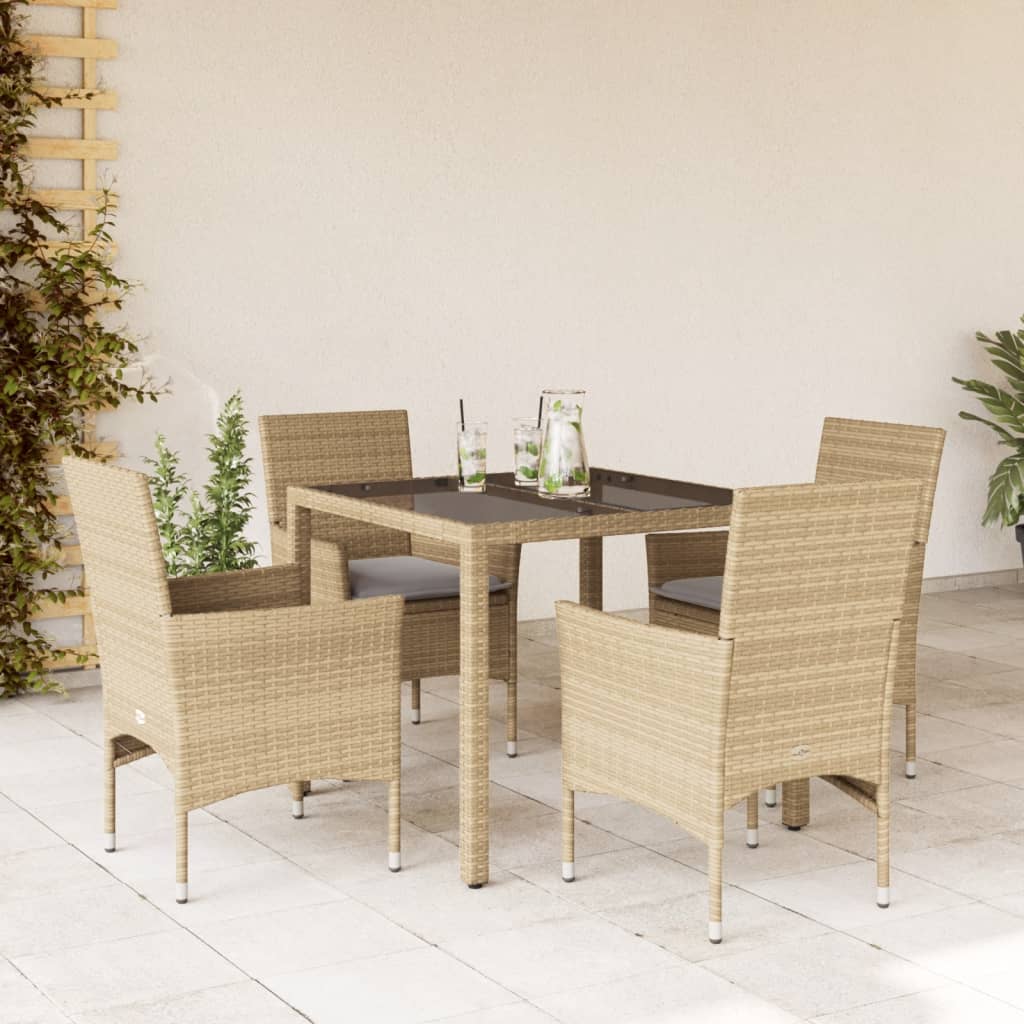 5-delige Tuinset met kussens poly rattan en glas beige