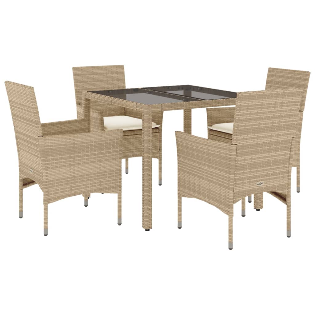 5-delige Tuinset met kussens poly rattan en glas beige