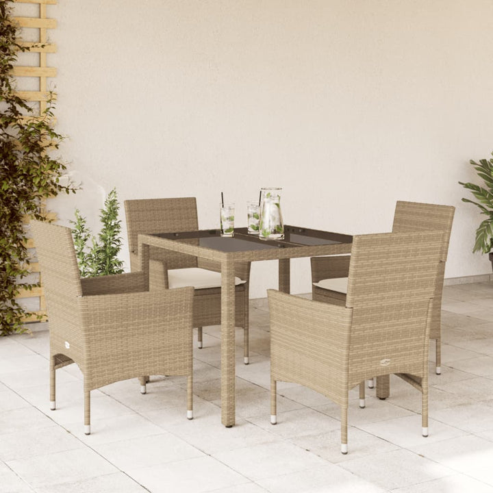 5-delige Tuinset met kussens poly rattan en glas beige