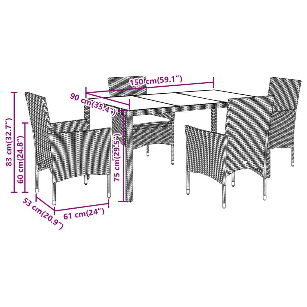 5-delige Tuinset met kussens poly rattan en glas wit