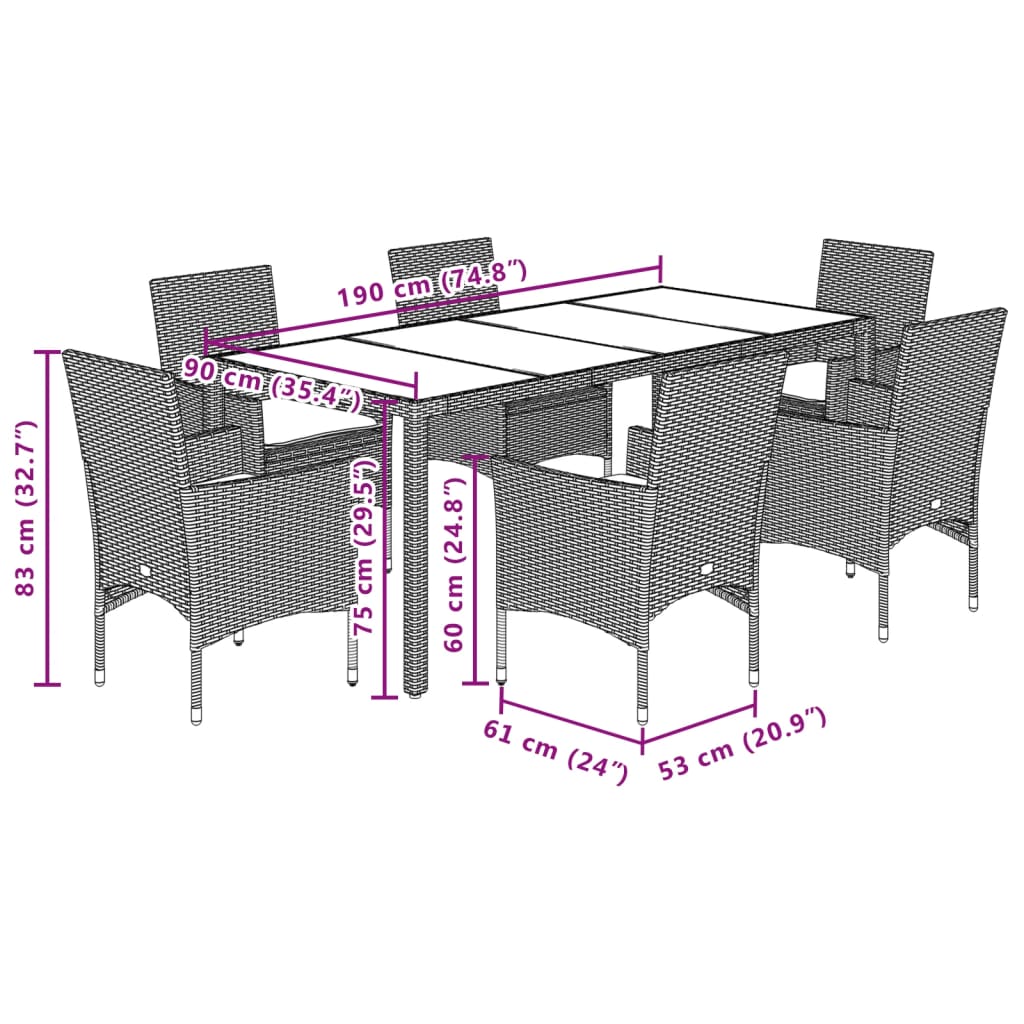 7-delige Tuinset met kussens poly rattan en glas wit