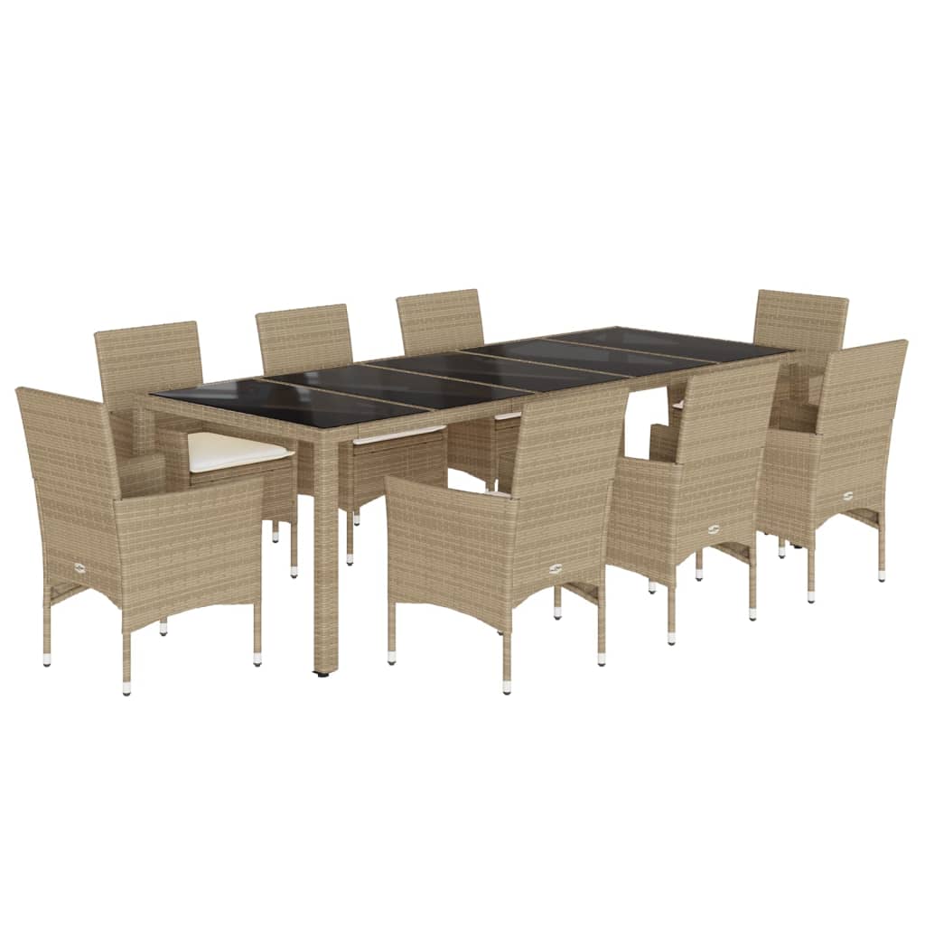 9-delige Tuinset met kussens poly rattan en glas beige