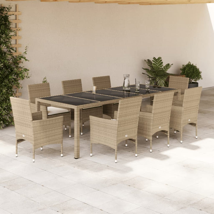 9-delige Tuinset met kussens poly rattan en glas beige