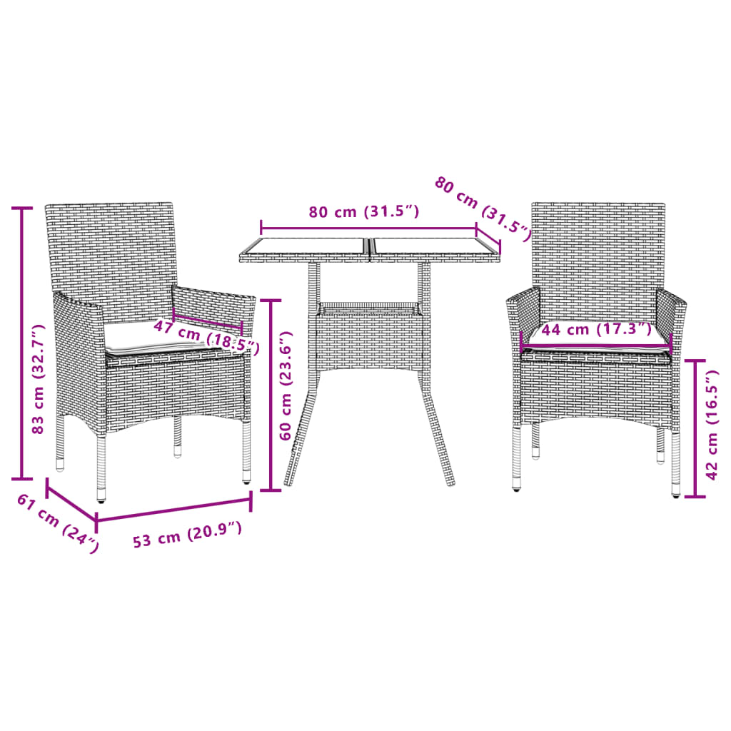 3-delige Tuinset met kussens poly rattan en glas grijs