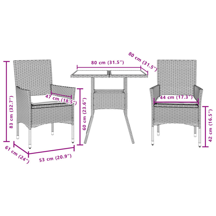 3-delige Tuinset met kussens poly rattan en glas grijs