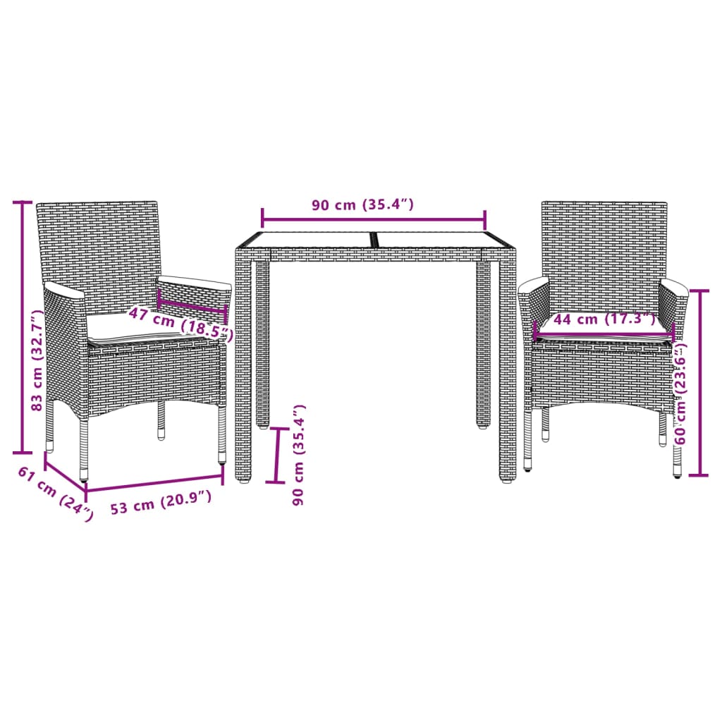 3-delige Tuinset met kussens poly rattan en glas zwart