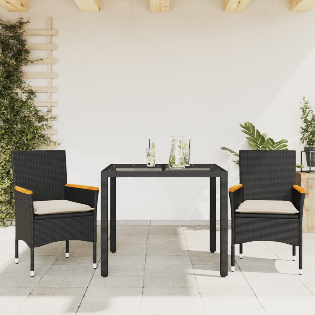 3-delige Tuinset met kussens poly rattan en glas zwart