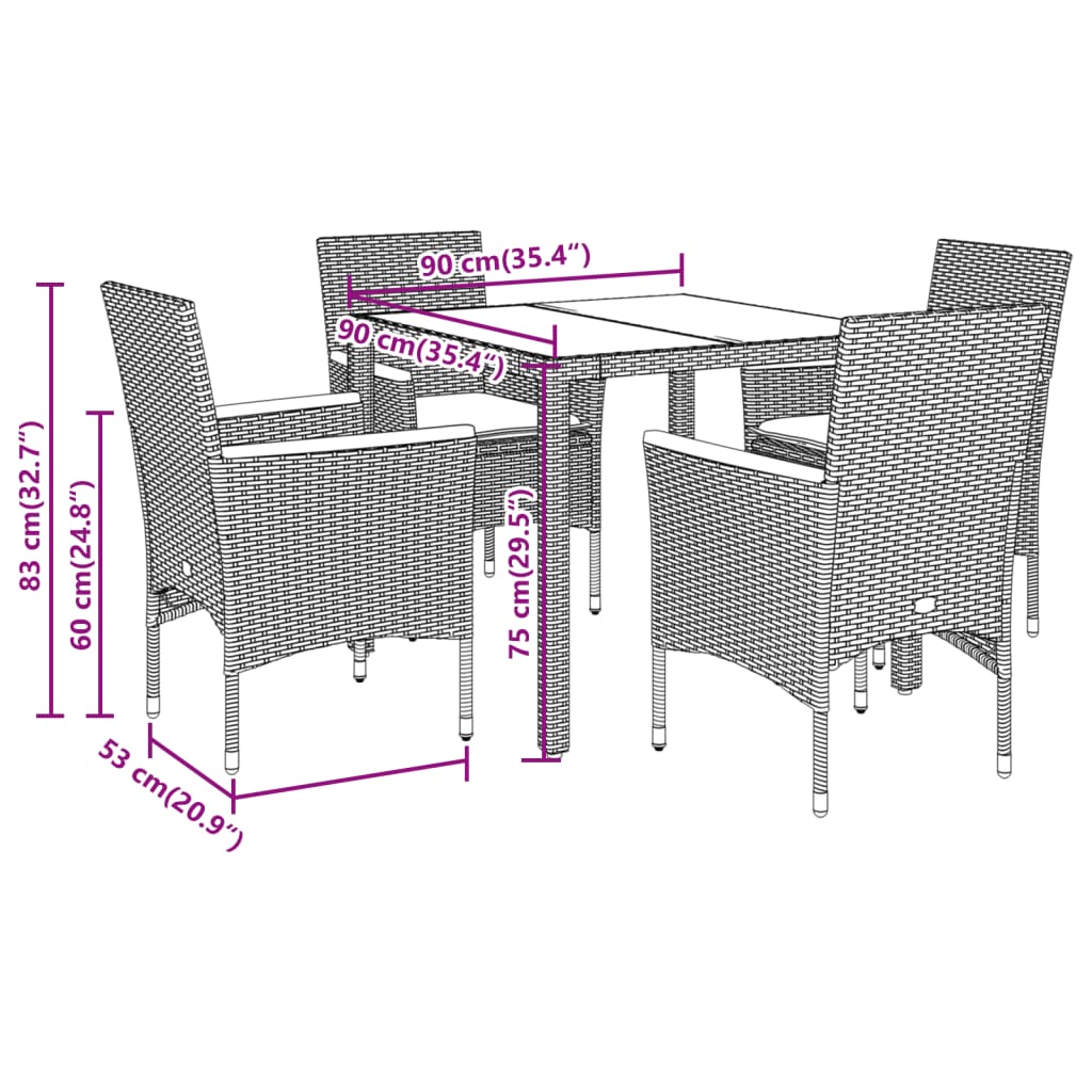 5-delige Tuinset met kussens poly rattan en glas beige