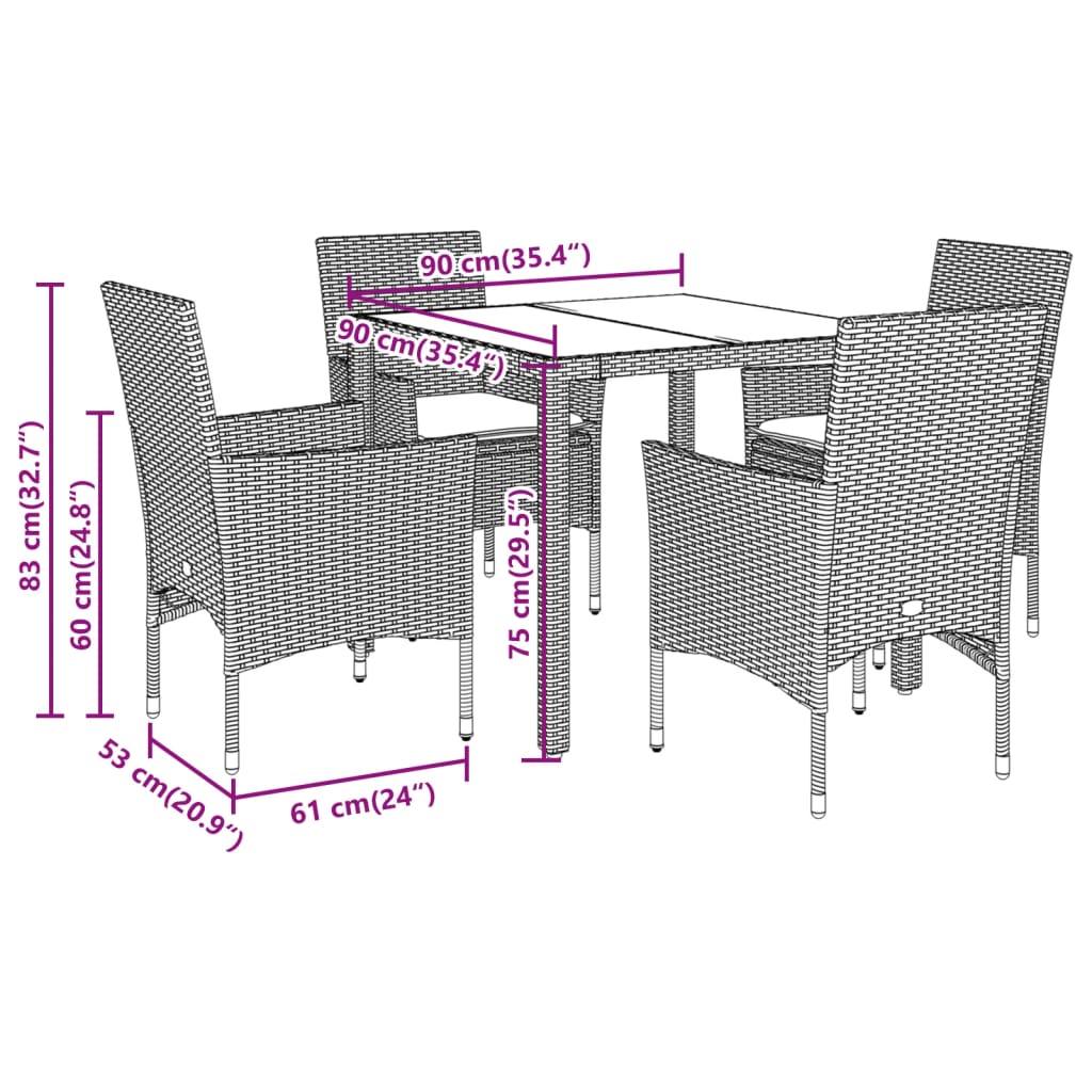 5-delige Tuinset met kussens poly rattan en acaciahout zwart