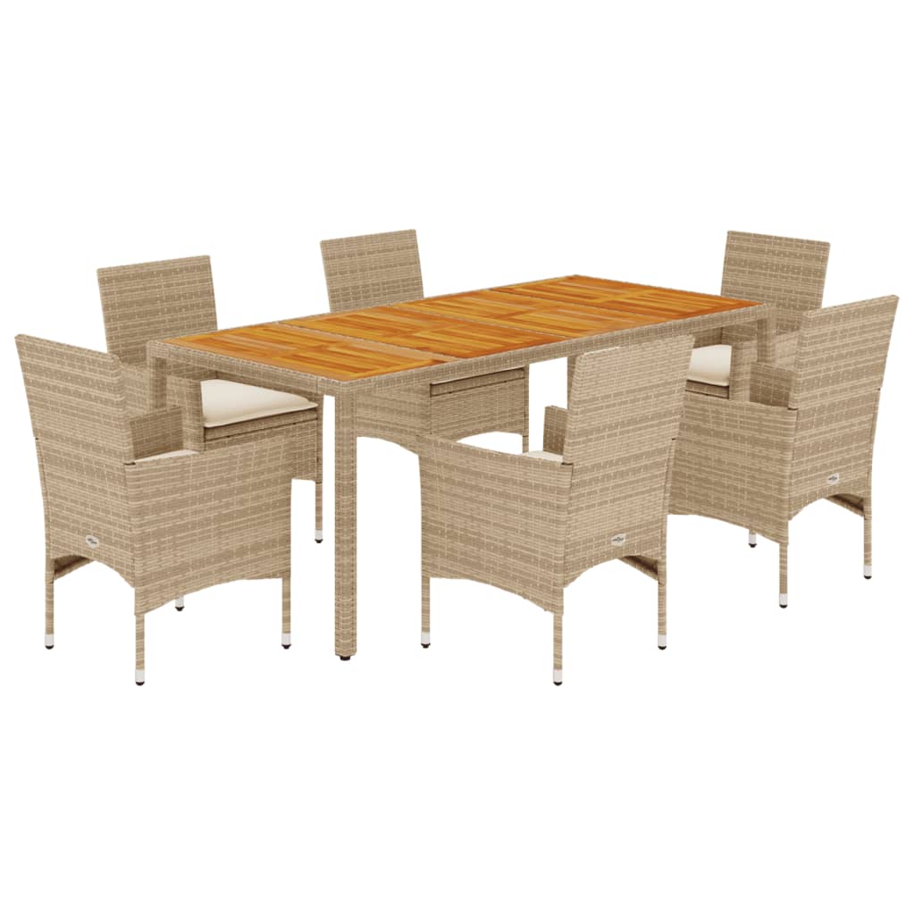 7-delige Tuinset met kussens poly rattan en acaciahout beige