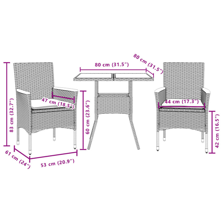 3-delige Tuinset met kussens poly rattan en glas grijs