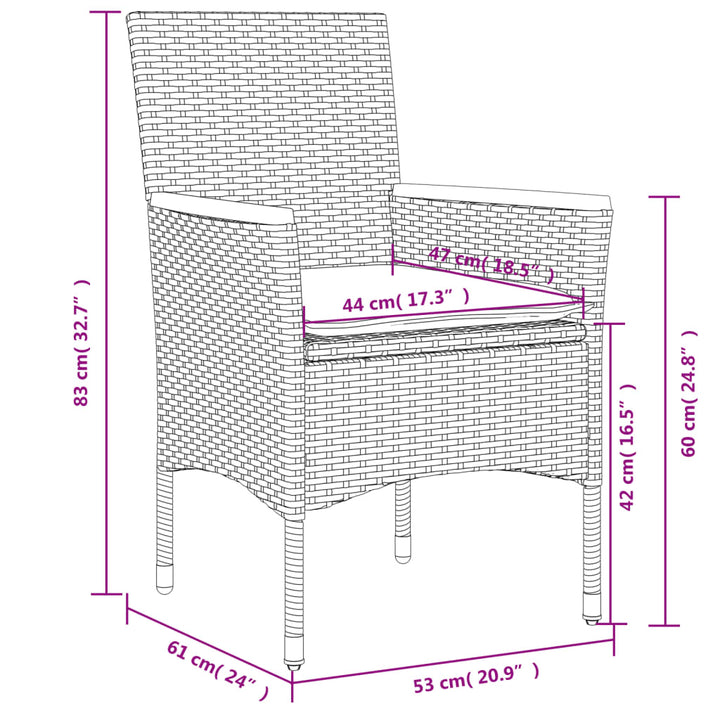 3-delige Tuinset met kussens poly rattan en glas grijs