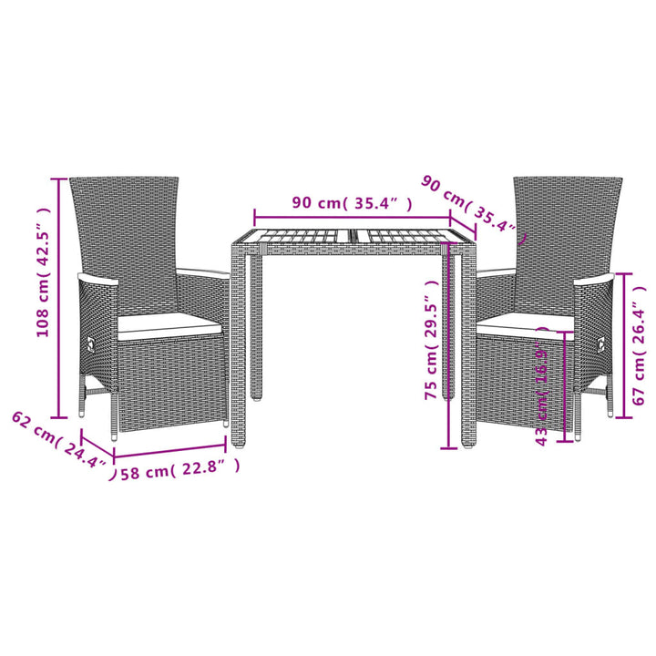 3-delige Tuinset met kussens poly rattan zwart