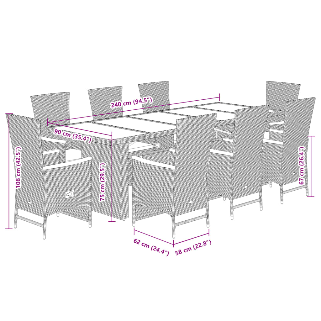 9-delige Tuinset met kussens poly rattan grijs