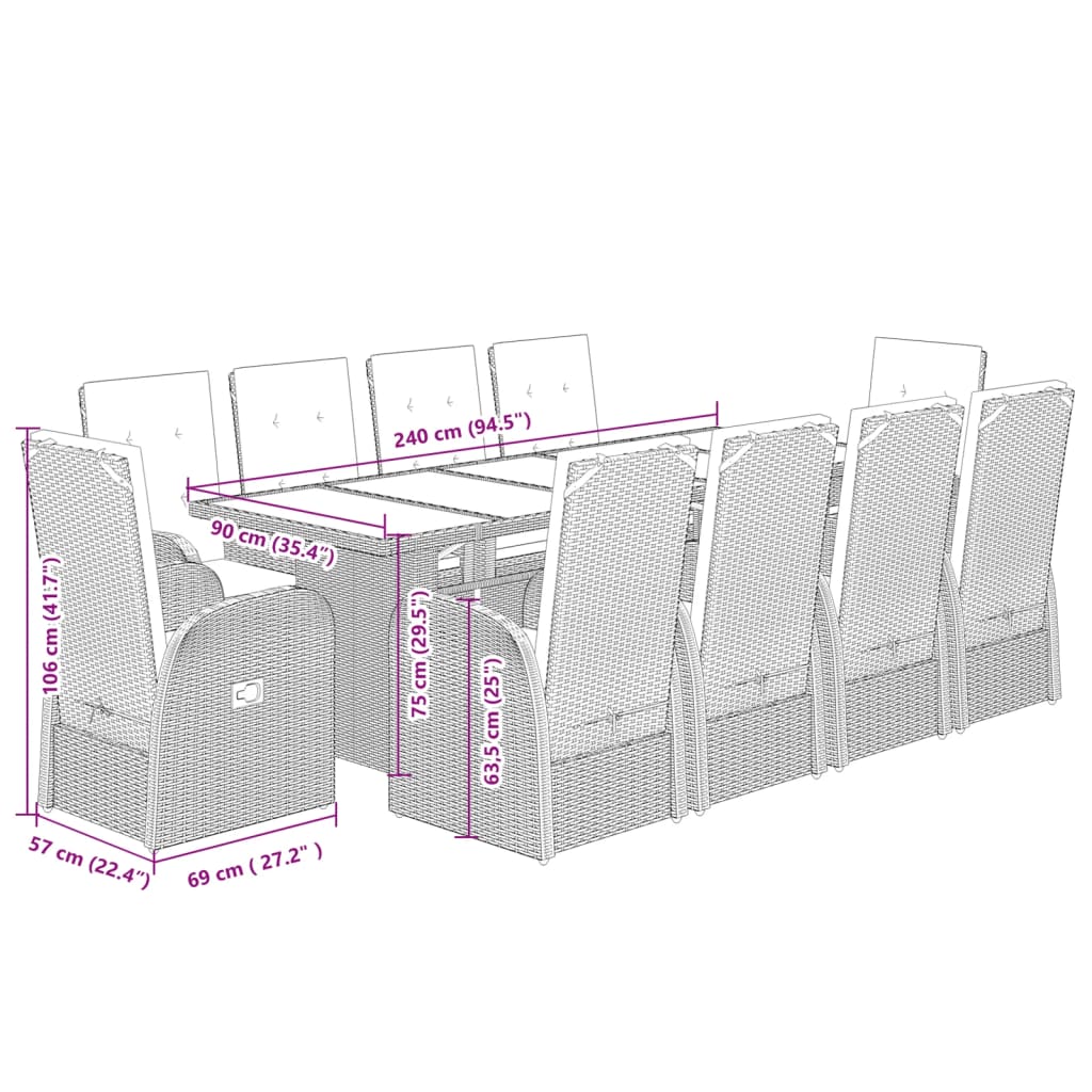 11-delige Tuinset met kussens poly rattan grijs