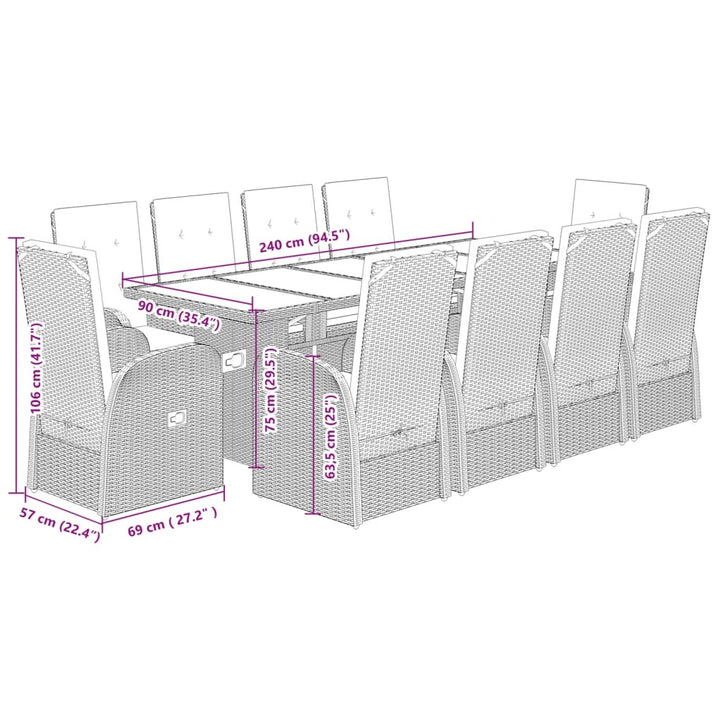 11-delige Tuinset met kussens poly rattan grijs