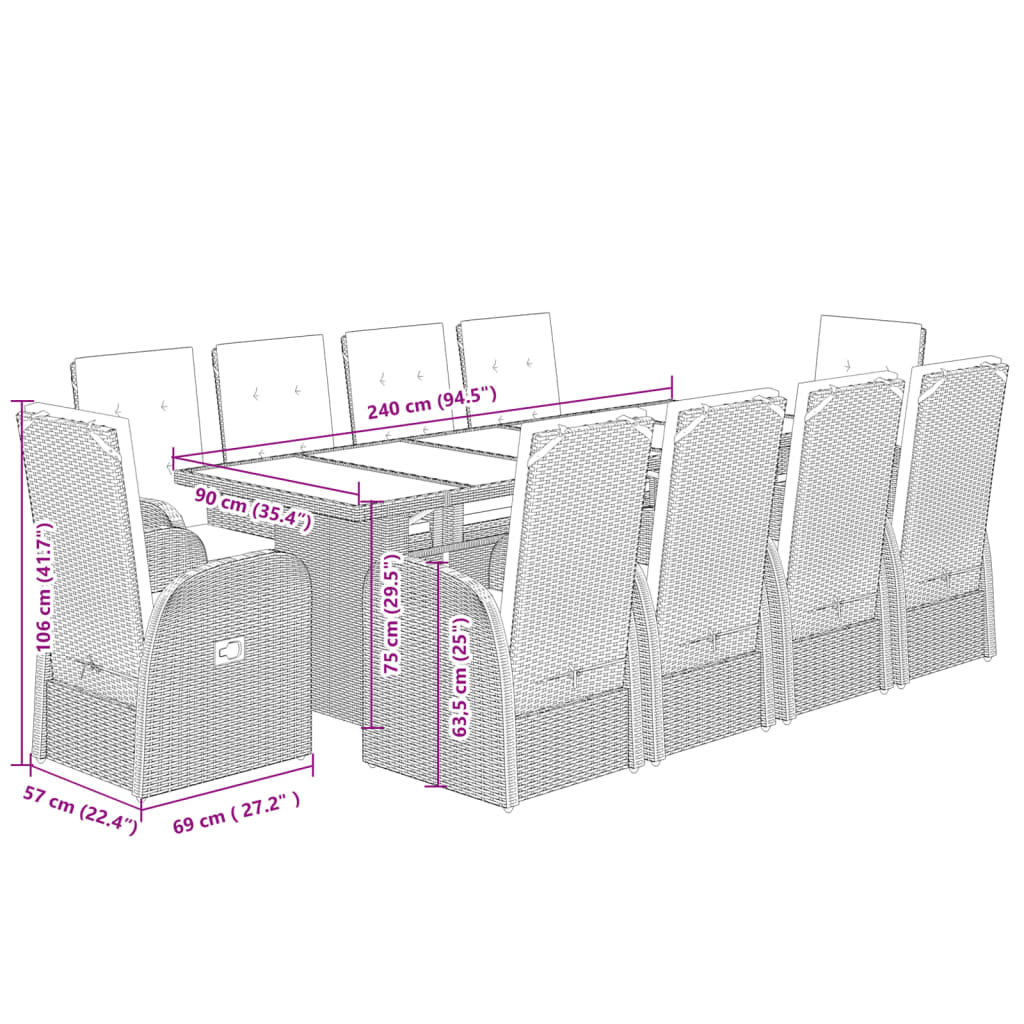 9-delige Tuinset met kussens poly rattan grijs