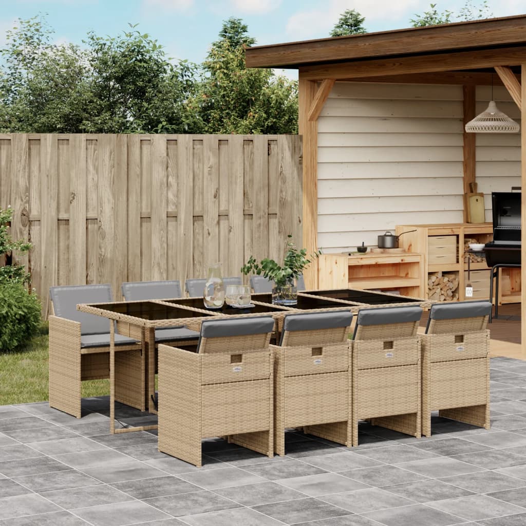 9-delige Tuinset met kussens poly rattan gemengd beige