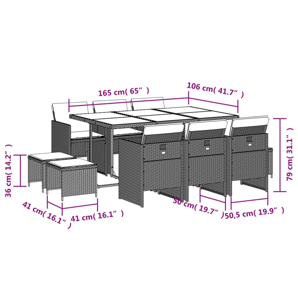 11-delige Tuinset met kussens poly rattan bruin