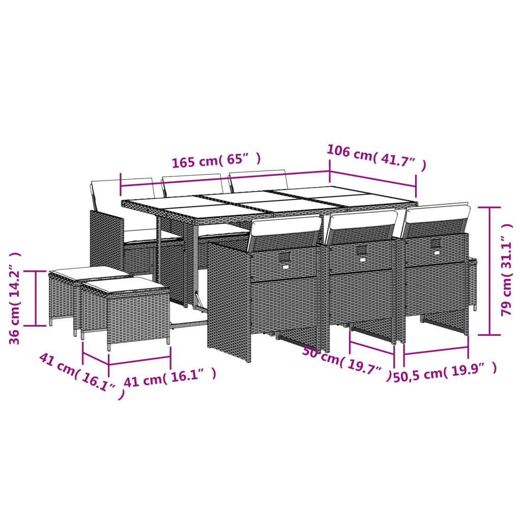 11-delige Tuinset met kussens poly rattan grijs