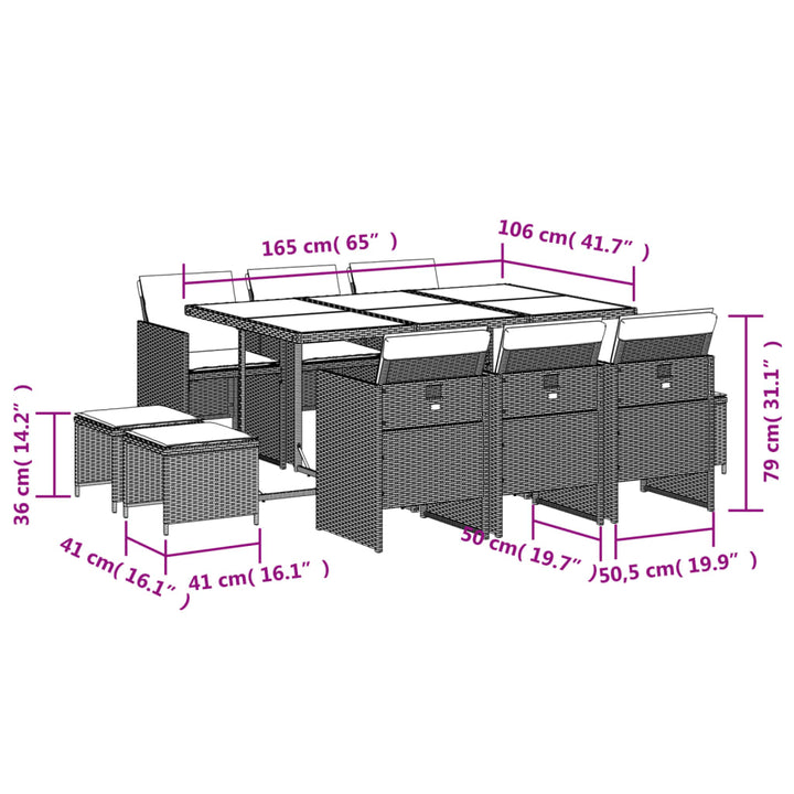 11-delige Tuinset met kussens poly rattan grijs