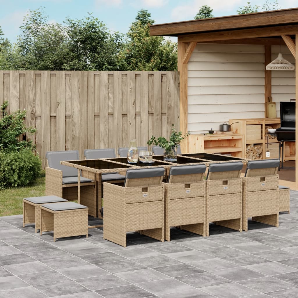 13-delige Tuinset met kussens poly rattan gemengd beige