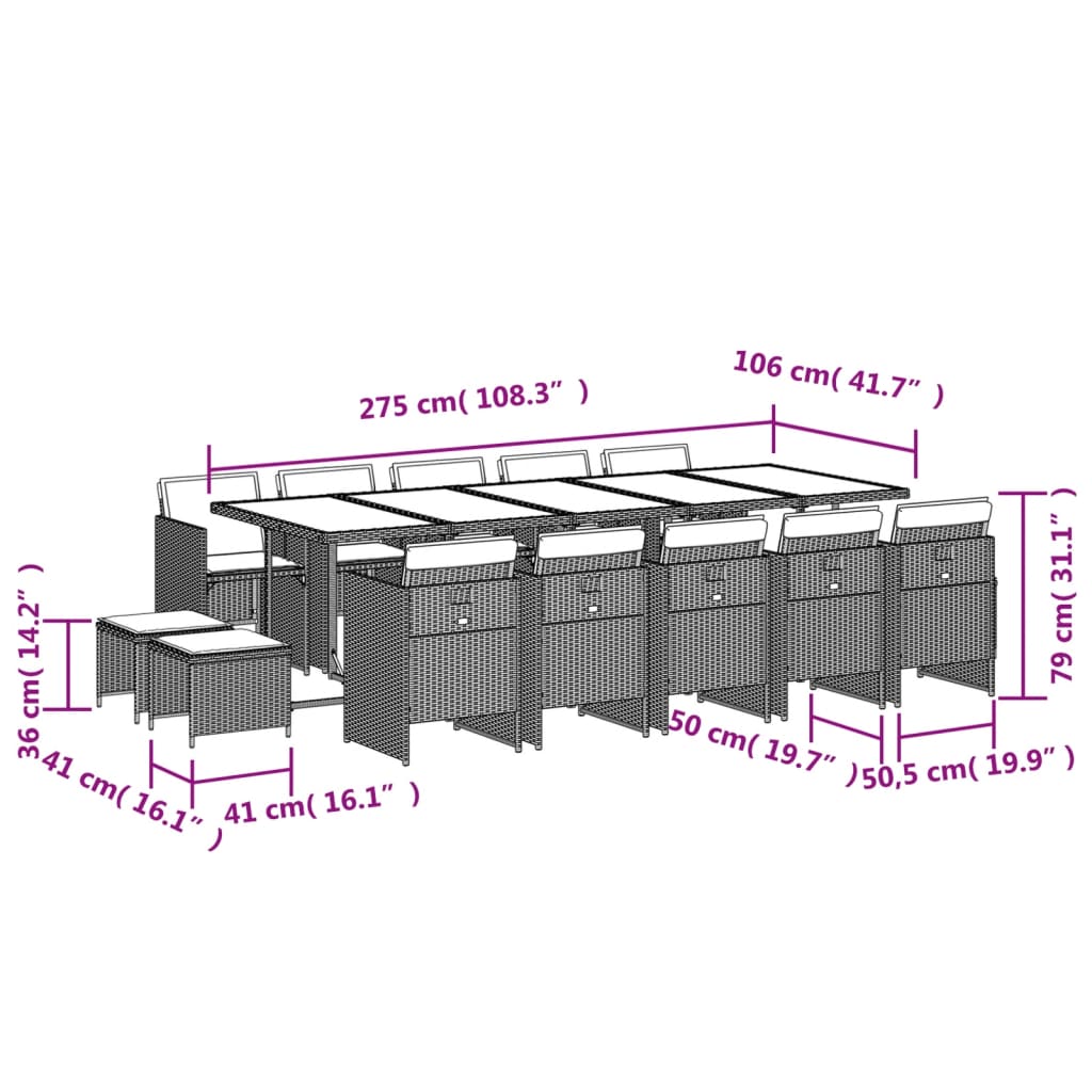 15-delige Tuinset met kussens poly rattan bruin