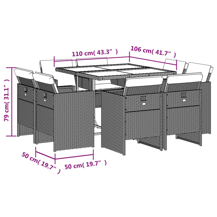 9-delige Tuinset met kussens poly rattan beige