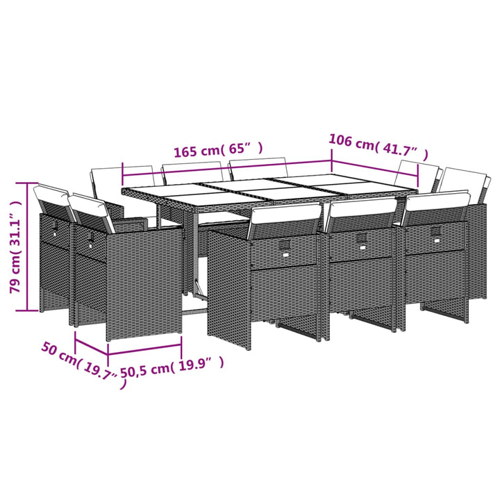 11-delige Tuinset met kussens poly rattan grijs