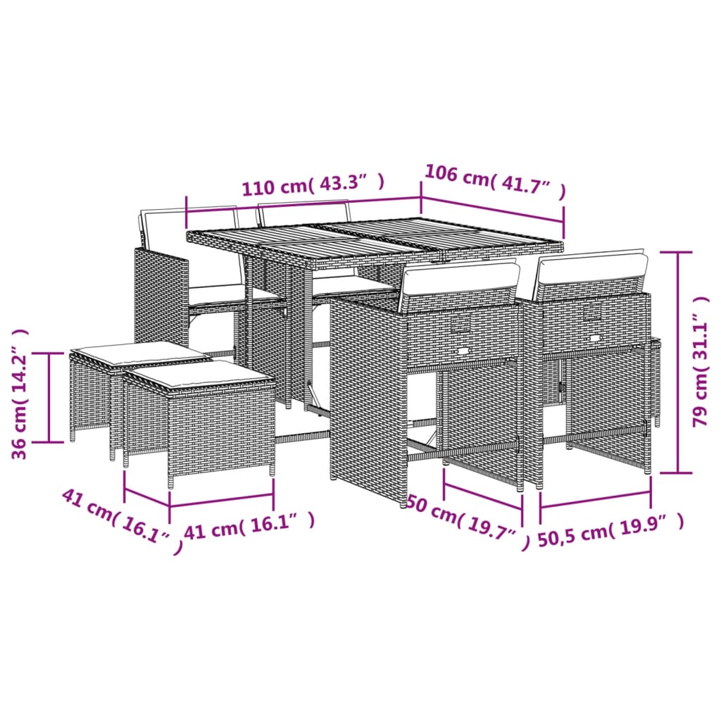 9-delige Tuinset met kussens poly rattan grijs