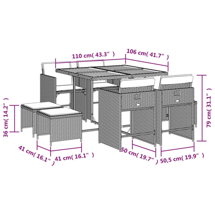 9-delige Tuinset met kussens poly rattan grijs