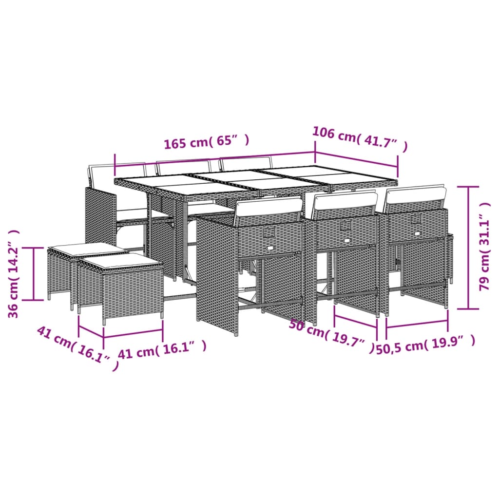 11-delige Tuinset met kussens poly rattan zwart