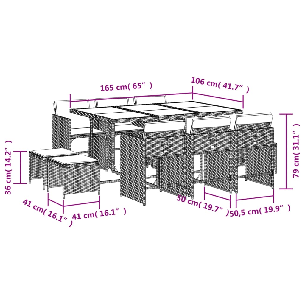 11-delige Tuinset met kussens poly rattan grijs