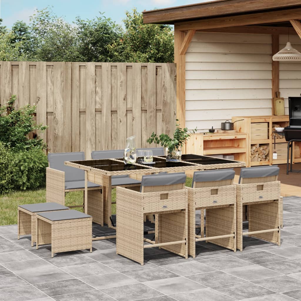 11-delige Tuinset met kussens poly rattan gemengd beige