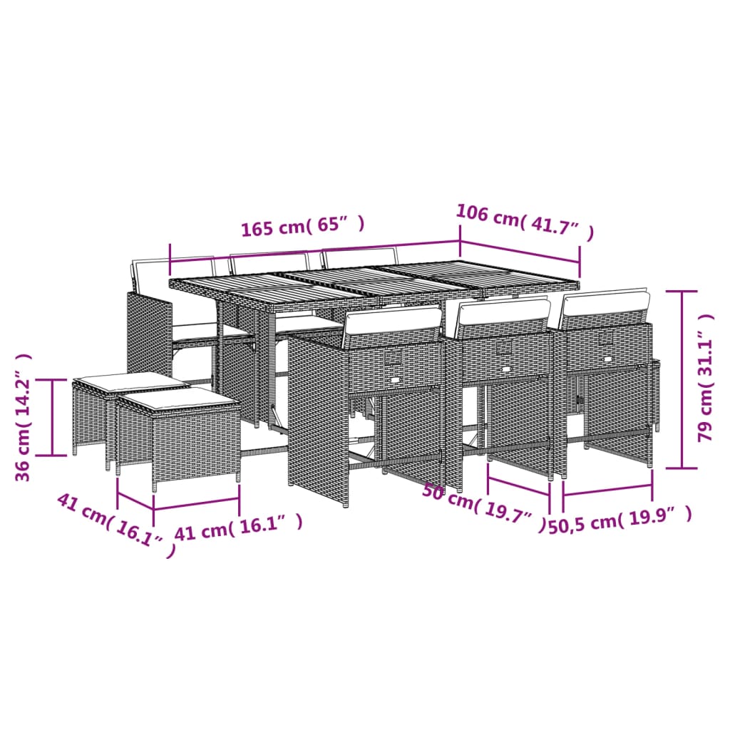 11-delige Tuinset met kussens poly rattan grijs