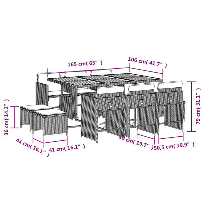 11-delige Tuinset met kussens poly rattan zwart