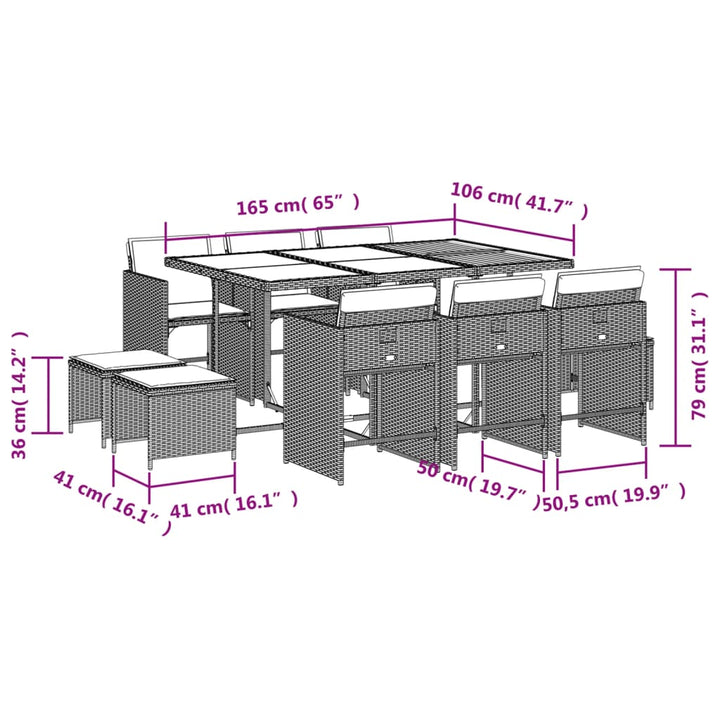 11-delige Tuinset met kussens poly rattan beige