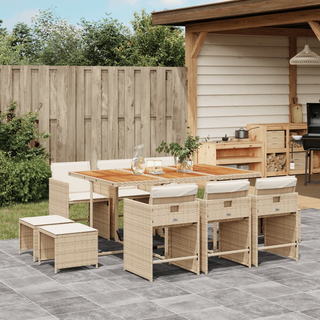 11-delige Tuinset met kussens poly rattan beige