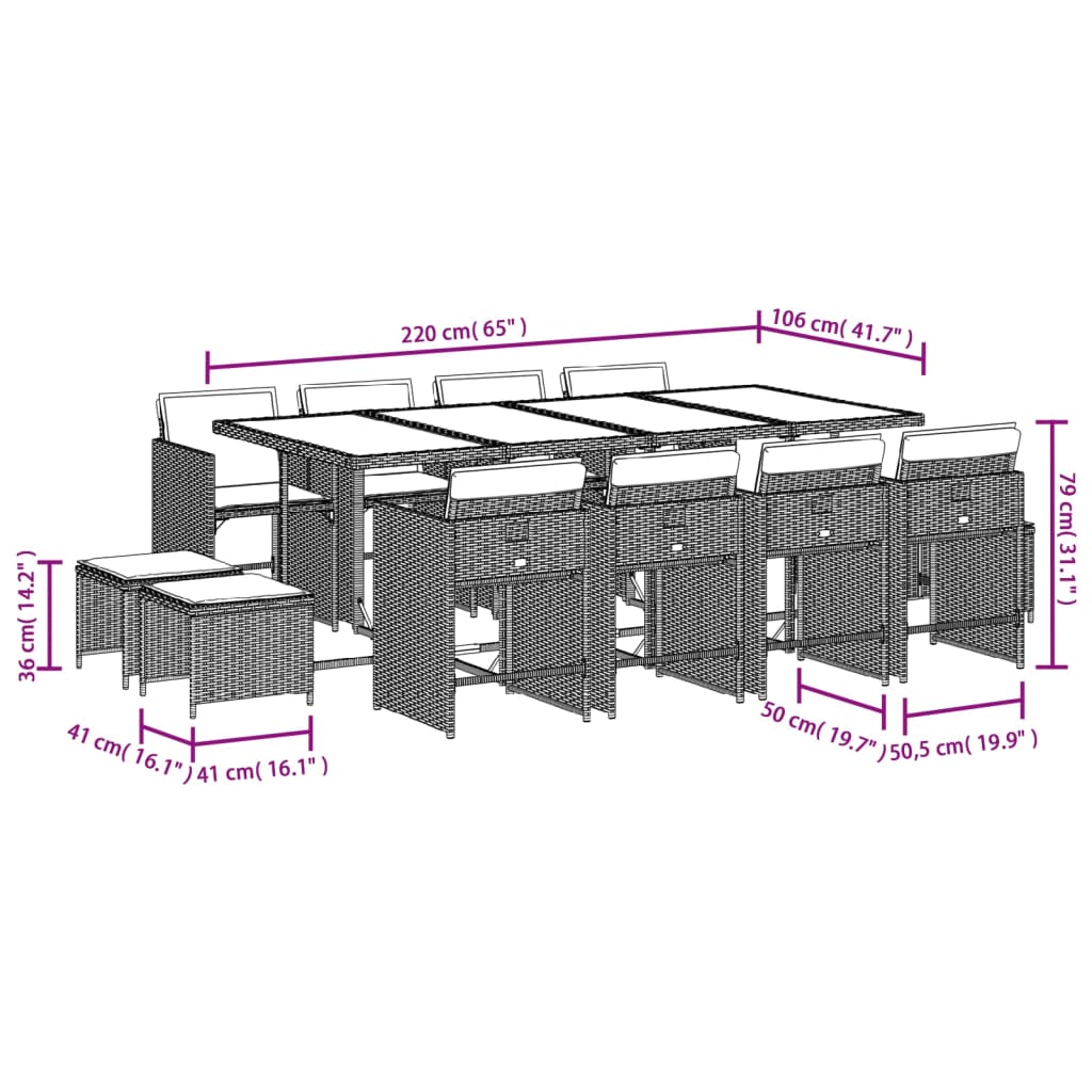 13-delige Tuinset met kussens poly rattan grijs