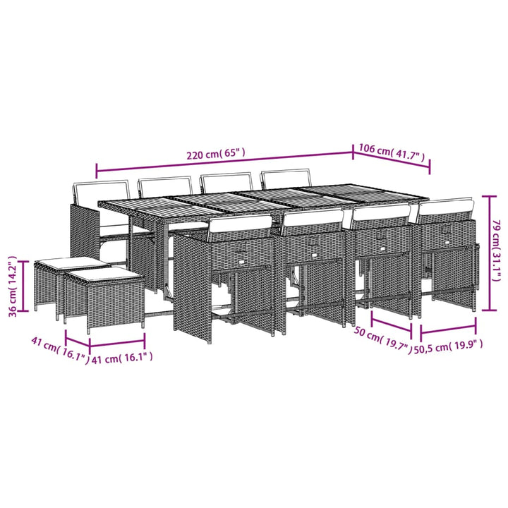 13-delige Tuinset met kussens poly rattan grijs