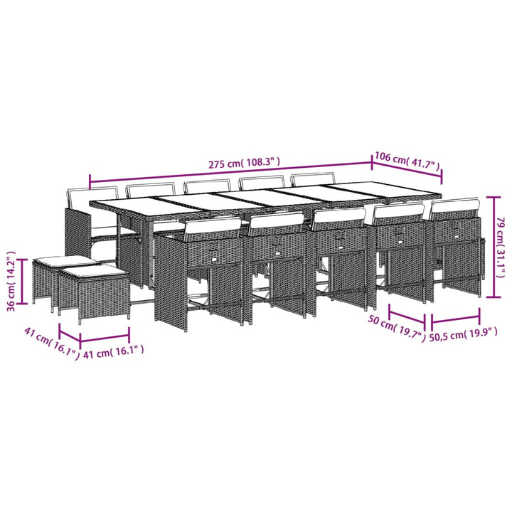 15-delige Tuinset met kussens poly rattan grijs