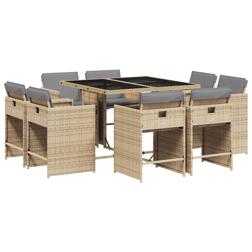 9-delige Tuinset met kussens poly rattan gemengd beige