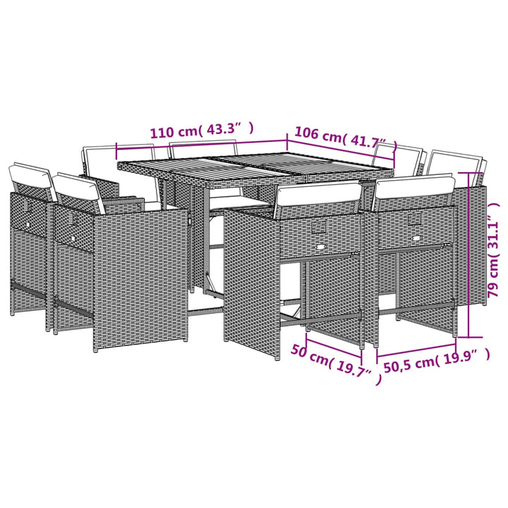 9-delige Tuinset met kussens poly rattan grijs