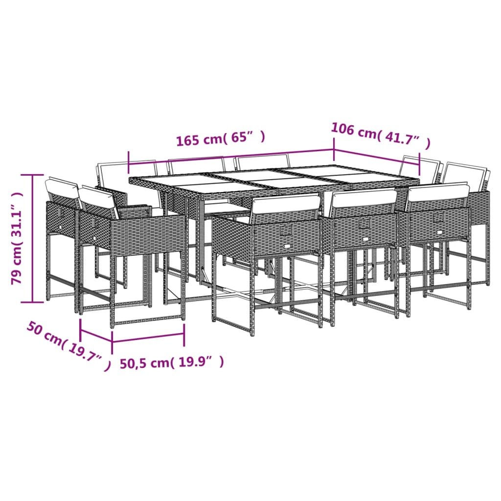 11-delige Tuinset met kussens poly rattan lichtgrijs