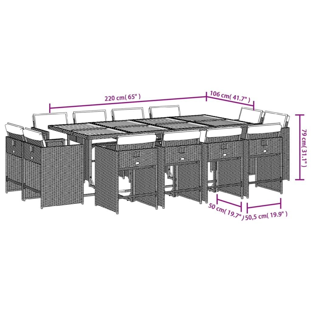 13-delige Tuinset met kussens poly rattan grijs