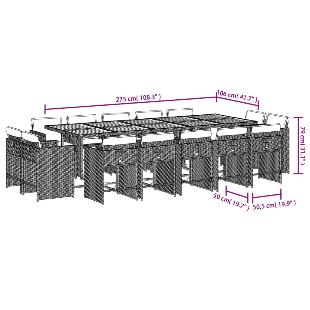 15-delige Tuinset met kussens poly rattan grijs