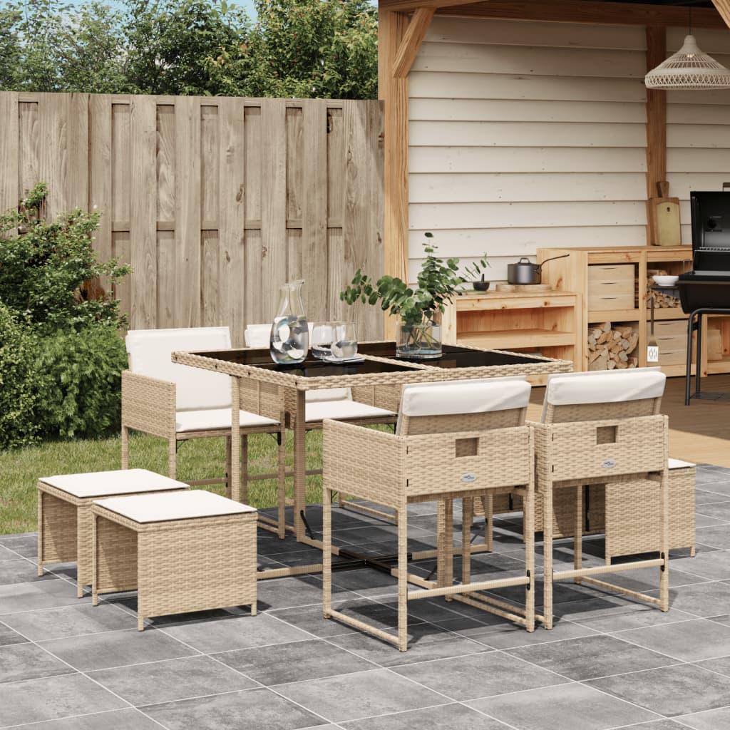 9-delige Tuinset met kussens poly rattan beige